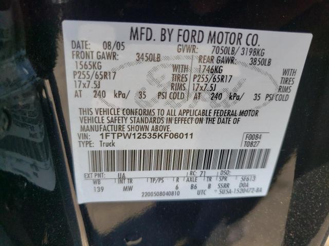 Photo 10 from auction – 2005 FORD F150 SUPER with VIN 1FTPW12535KF06011