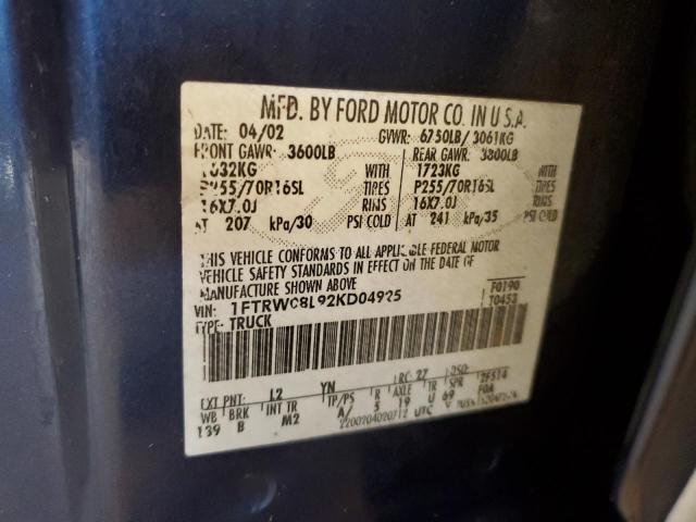 Photo 10 from auction – 2002 FORD F150 SUPER with VIN 1FTRW08L92KD04925