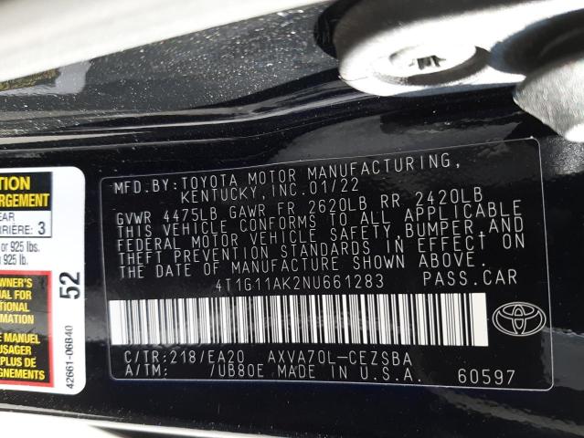 Photo 10 from auction – 2022 TOYOTA CAMRY SE with VIN 4T1G11AK2NU661283