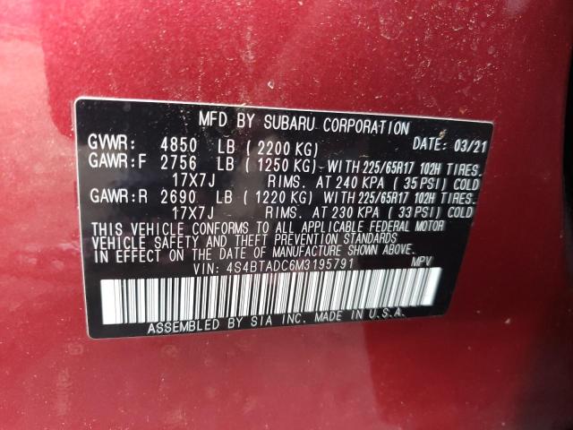 Photo 10 from auction – 2021 SUBARU OUTBACK PR with VIN 4S4BTADC6M3195791