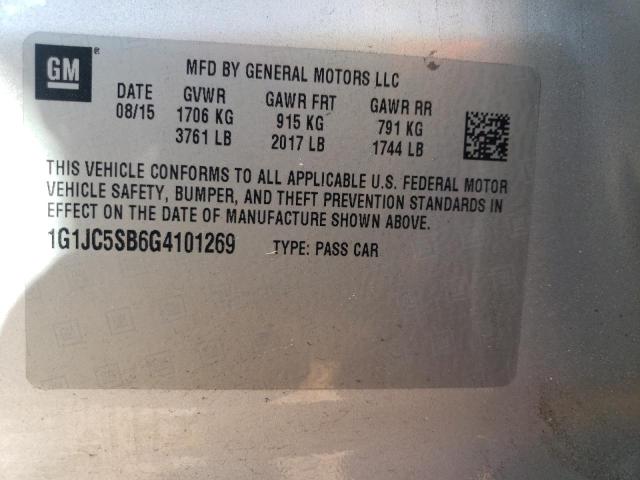 Photo 10 from auction – 2016 CHEVROLET SONIC LT with VIN 1G1JC5SB6G4101269