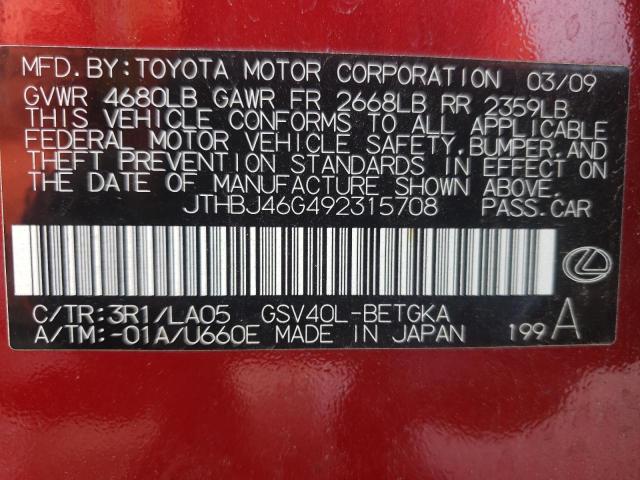Photo 10 from auction – 2009 LEXUS ES 350 with VIN JTHBJ46G492315708