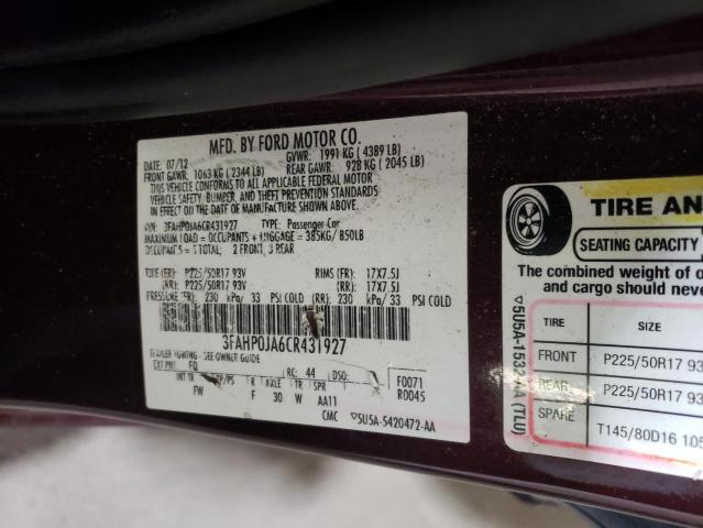 Photo 10 from auction – 2012 FORD FUSION SEL with VIN 3FAHP0JA6CR431927