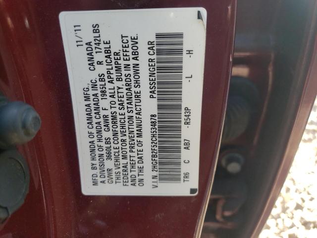 Photo 10 from auction – 2012 HONDA CIVIC LX with VIN 2HGFB2F52CH534878