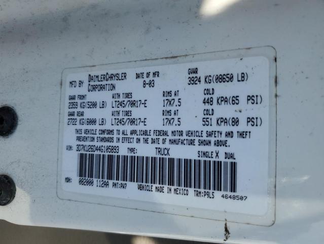 Photo 10 from auction – 2004 DODGE RAM 2500 S with VIN 3D7KU26D44G105893