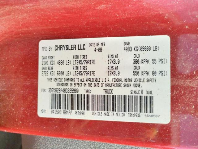 Photo 10 from auction – 2008 DODGE RAM 2500 S with VIN 3D7KR28A48G225980