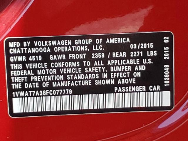 Photo 10 from auction – 2015 VOLKSWAGEN PASSAT S with VIN 1VWAT7A38FC077779