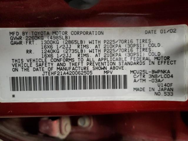 Photo 10 from auction – 2002 TOYOTA HIGHLANDER with VIN JTEHF21A420062505