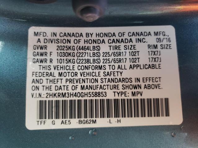 Photo 10 from auction – 2016 HONDA CR-V SE with VIN 2HKRM3H40GH558853