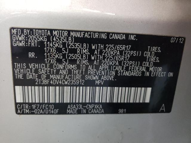 Photo 10 from auction – 2012 TOYOTA RAV4 with VIN 2T3BF4DV4CW235912