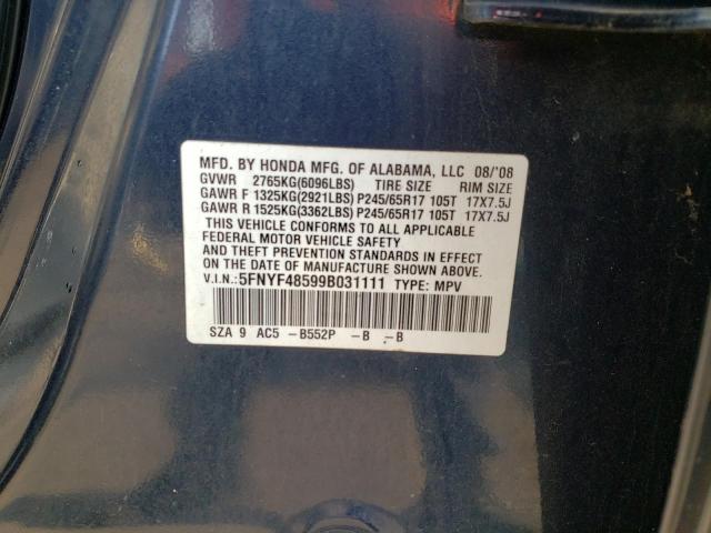 Foto 10 de la subasta – 2009 HONDA PILOT EXL con VIN 5FNYF48599B031111