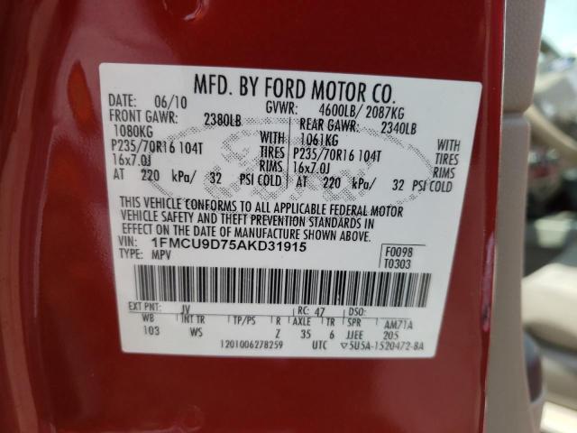 Photo 10 from auction – 2010 FORD ESCAPE XLT with VIN 1FMCU9D75AKD31915