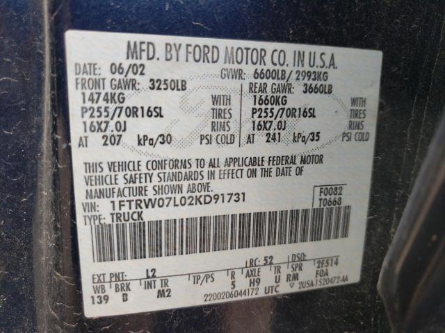 Photo 10 from auction – 2002 FORD F150 SUPER with VIN 1FTRW07L02KD91731
