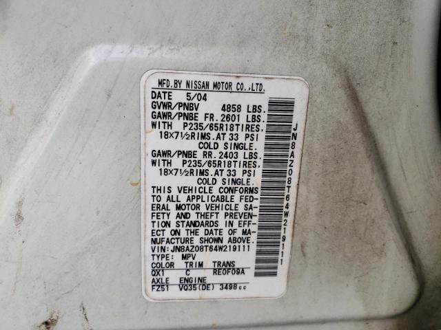 Photo 10 from auction – 2004 NISSAN MURANO SL with VIN JN8AZ08T64W219111