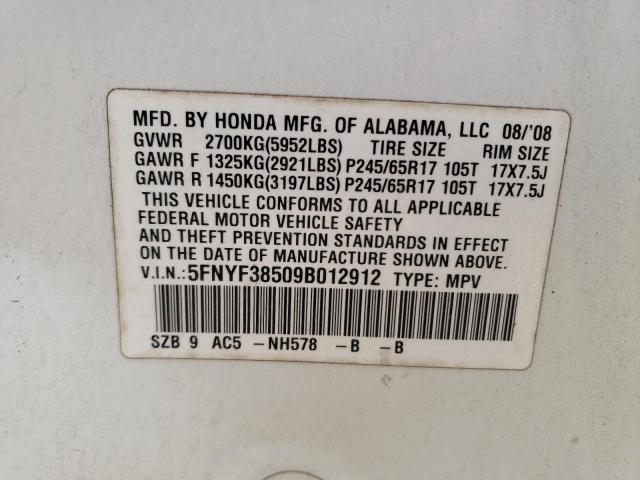 Photo 10 from auction – 2009 HONDA PILOT EXL with VIN 5FNYF38509B012912