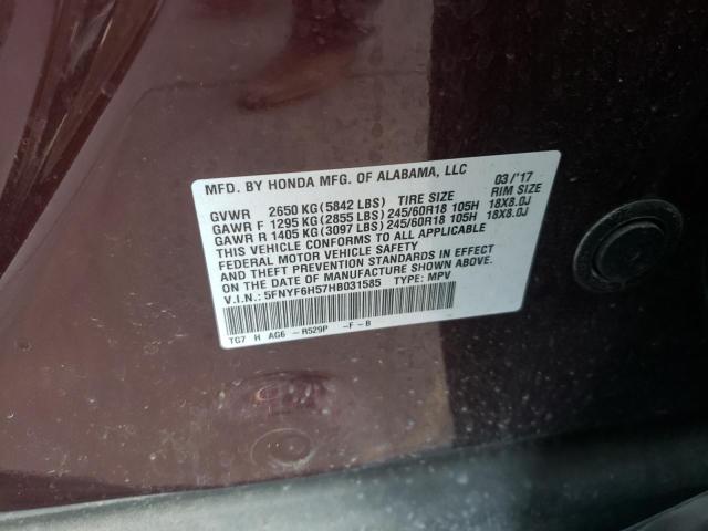 Photo 10 from auction – 2017 HONDA PILOT EXL with VIN 5FNYF6H57HB031585