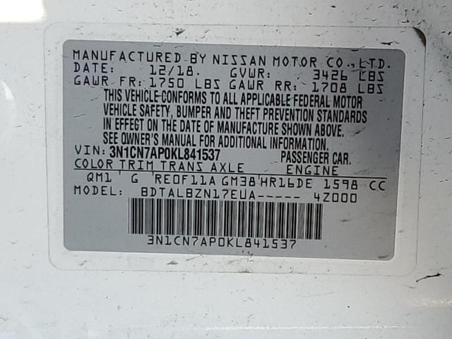 Photo 10 from auction – 2019 NISSAN VERSA S with VIN 3N1CN7AP0KL841537