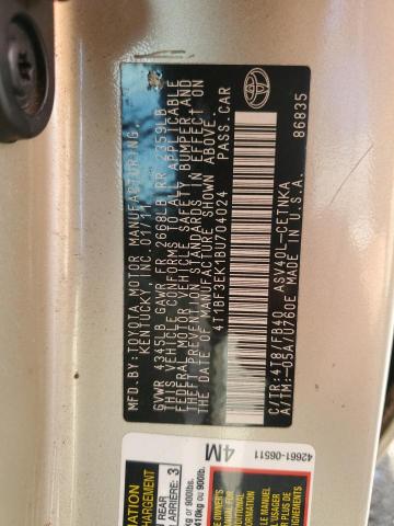 Photo 10 from auction – 2011 TOYOTA CAMRY BASE with VIN 4T1BF3EK1BU704024