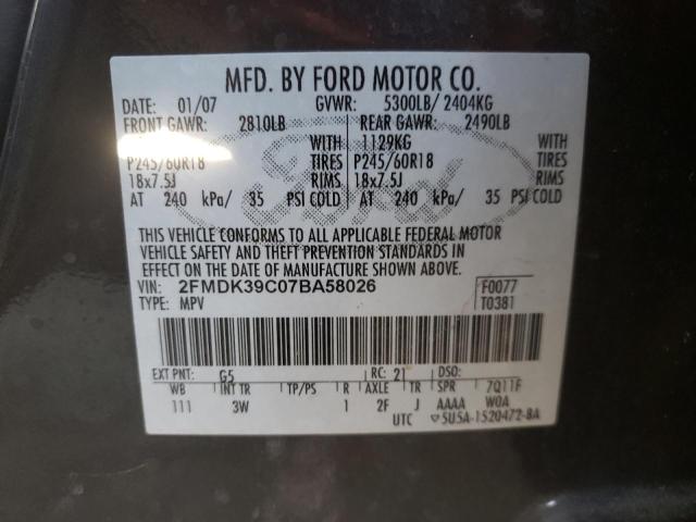 Photo 10 from auction – 2007 FORD EDGE SEL P with VIN 2FMDK39C07BA58026