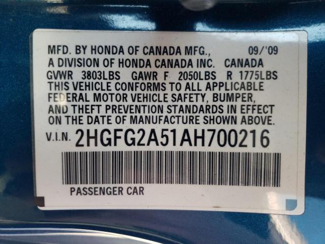 Photo 10 from auction – 2010 HONDA CIVIC SI with VIN 2HGFG2A51AH700216