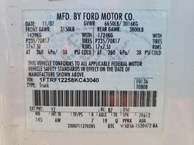 Photo 10 from auction – 2008 FORD F150 with VIN 1FTRF12258KC43040
