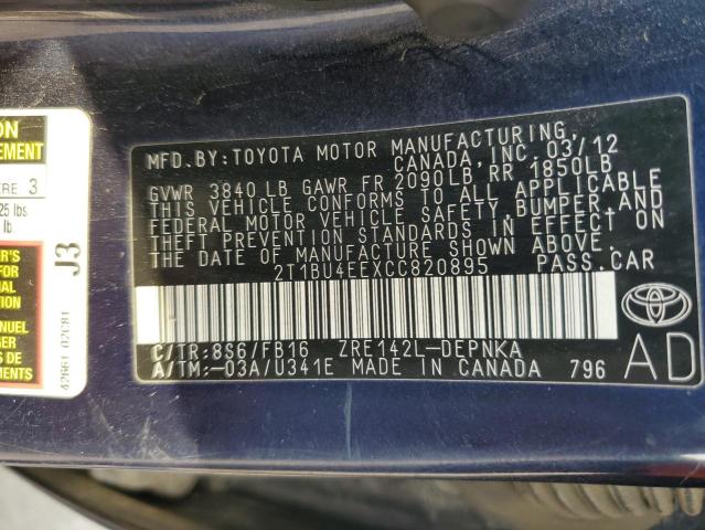 Photo 10 from auction – 2012 TOYOTA COROLLA BA with VIN 2T1BU4EEXCC820895