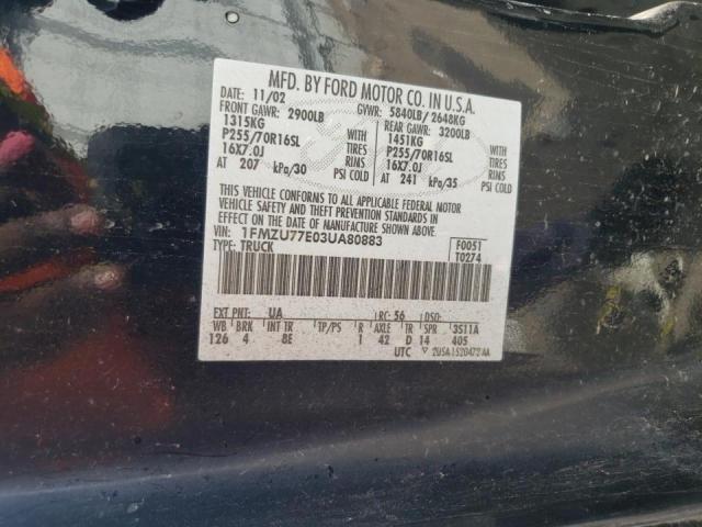 Photo 10 from auction – 2003 FORD EXPLORER S with VIN 1FMZU77E03UA80883