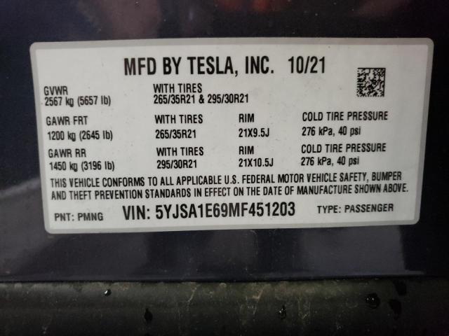 Photo 10 from auction – 2021 TESLA MODEL S with VIN 5YJSA1E69MF451203