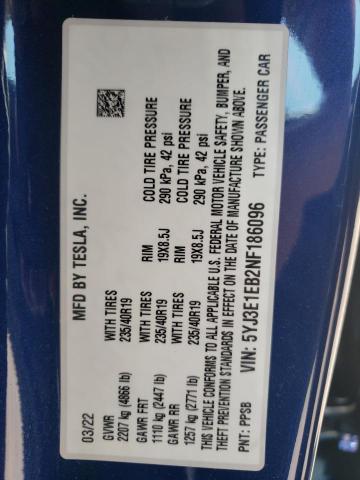 Photo 10 from auction – 2022 TESLA MODEL 3 with VIN 5YJ3E1EB2NF186096