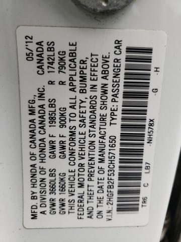 Photo 10 from auction – 2012 HONDA CIVIC LX with VIN 2HGFB2F53CH571650