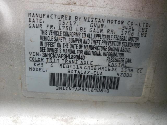 Photo 10 from auction – 2017 NISSAN VERSA S with VIN 3N1CN7AP3HL890840