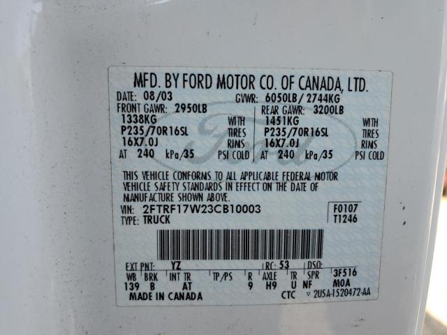 Photo 10 from auction – 2003 FORD F150 with VIN 2FTRF17W23CB10003