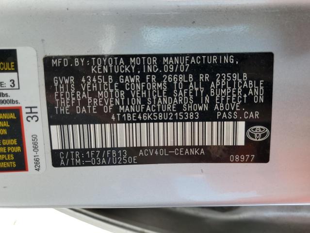Photo 10 from auction – 2008 TOYOTA CAMRY CE with VIN 4T1BE46K58U215383