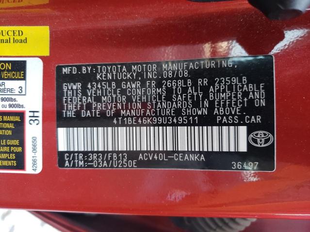 Photo 10 from auction – 2009 TOYOTA CAMRY BASE with VIN 4T1BE46K99U349511