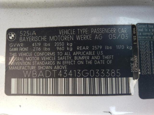 Photo 10 from auction – 2003 BMW 525 I AUTO with VIN WBADT43413G033385