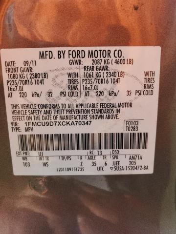 Photo 10 from auction – 2012 FORD ESCAPE XLT with VIN 1FMCU9D7XCKA70347