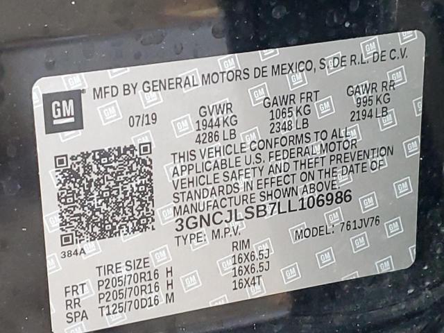 Photo 10 from auction – 2020 CHEVROLET TRAX 1LT with VIN 3GNCJLSB7LL106986