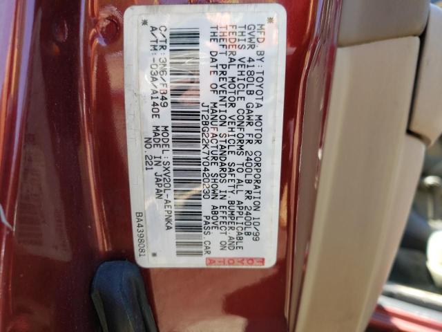 Photo 10 from auction – 2000 TOYOTA CAMRY CE with VIN JT2BG22K7Y0420230