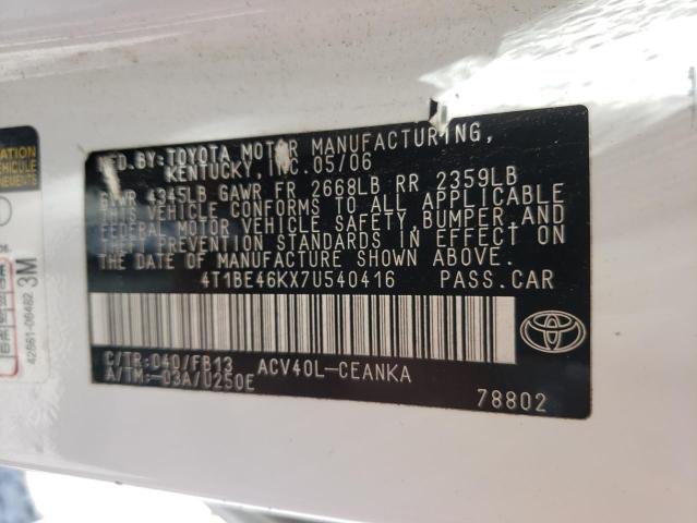 Photo 10 from auction – 2007 TOYOTA CAMRY CE with VIN 4T1BE46KX7U540416