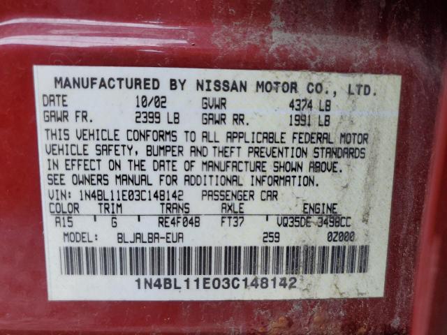 Photo 10 from auction – 2003 NISSAN ALTIMA SE with VIN 1N4BL11E03C148142