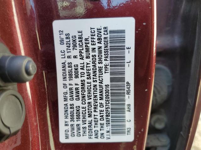 Photo 10 from auction – 2012 HONDA CIVIC LX with VIN 19XFB2F57CE093016