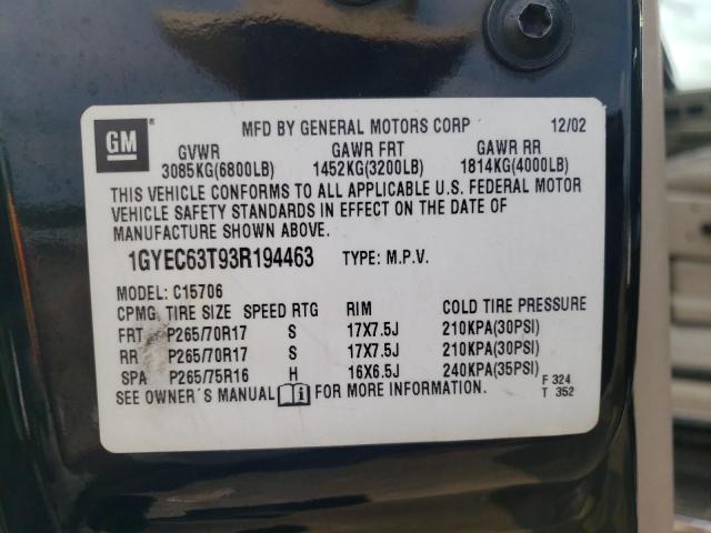 Photo 10 from auction – 2003 CADILLAC ESCALADE L with VIN 1GYEC63T93R194463