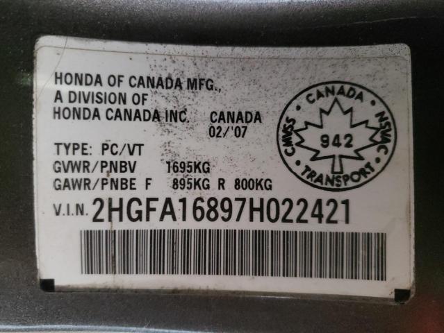 Photo 10 from auction – 2007 HONDA CIVIC EX with VIN 2HGFA16897H022421