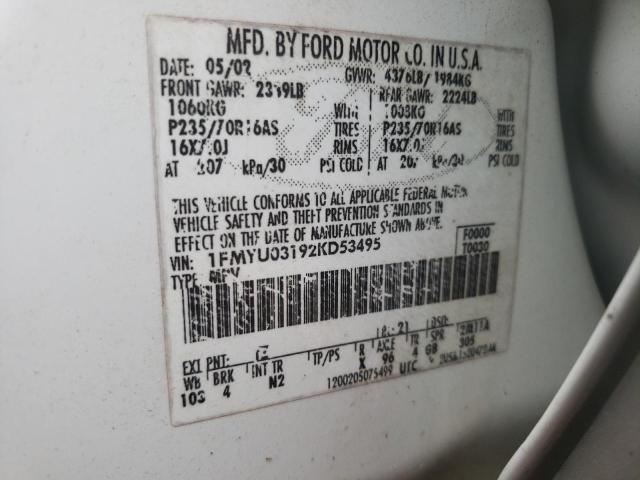 Photo 10 from auction – 2002 FORD ESCAPE XLT with VIN 1FMYU03192KD53495