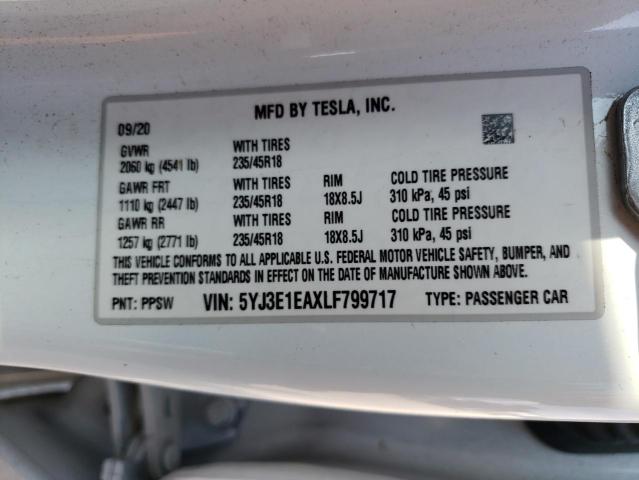 Photo 10 from auction – 2020 TESLA MODEL 3 with VIN 5YJ3E1EAXLF799717