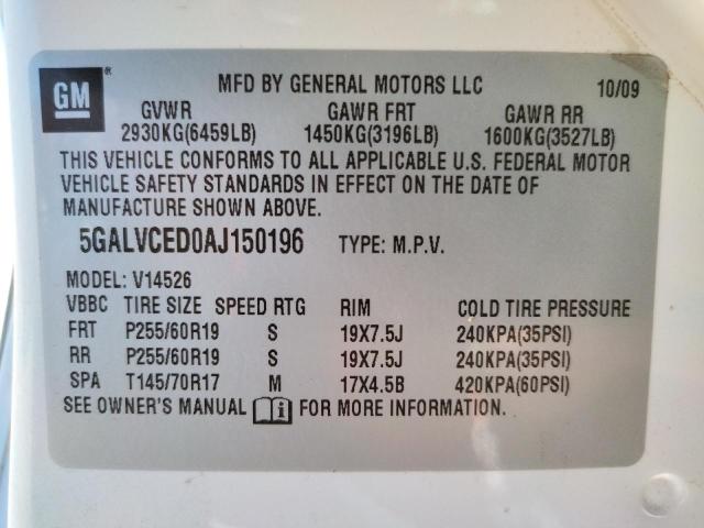 Photo 10 from auction – 2010 BUICK ENCLAVE CX with VIN 5GALVCED0AJ150196