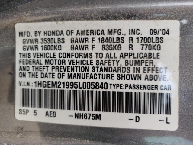 Photo 10 from auction – 2005 HONDA CIVIC EX with VIN 1HGEM21995L005840
