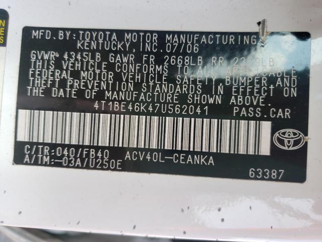 Photo 10 from auction – 2007 TOYOTA CAMRY CE with VIN 4T1BE46K47U562041