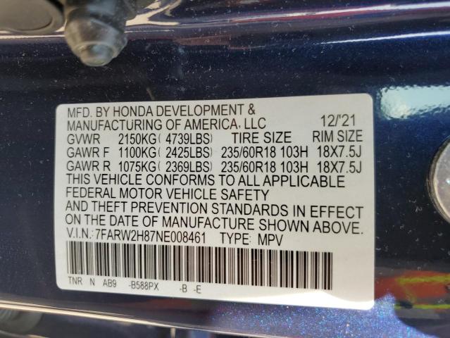 Photo 10 from auction – 2022 HONDA CR-V EXL with VIN 7FARW2H87NE008461