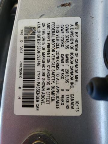 Photo 10 from auction – 2013 HONDA CIVIC LX with VIN 2HGFB2F53DH593746